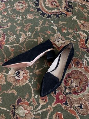 Black Suede Pointed Toe Block Heel Pumps